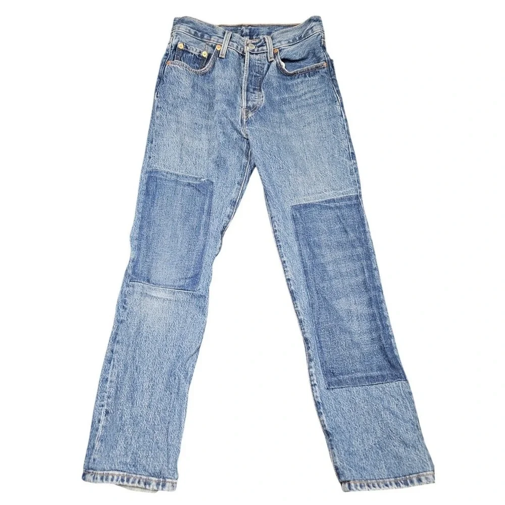Levis‎ 501 Jeans Premium 24x30 Blue Knee Patchwork Workwear Grunge Streetwear